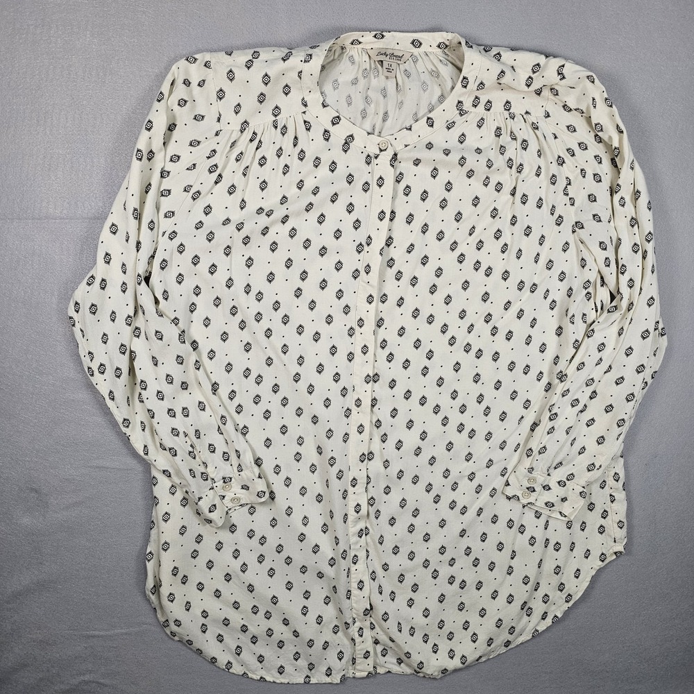Lucky Brand Top Womens Plus 1X Button Down Long Sleeves Cream Black Geo